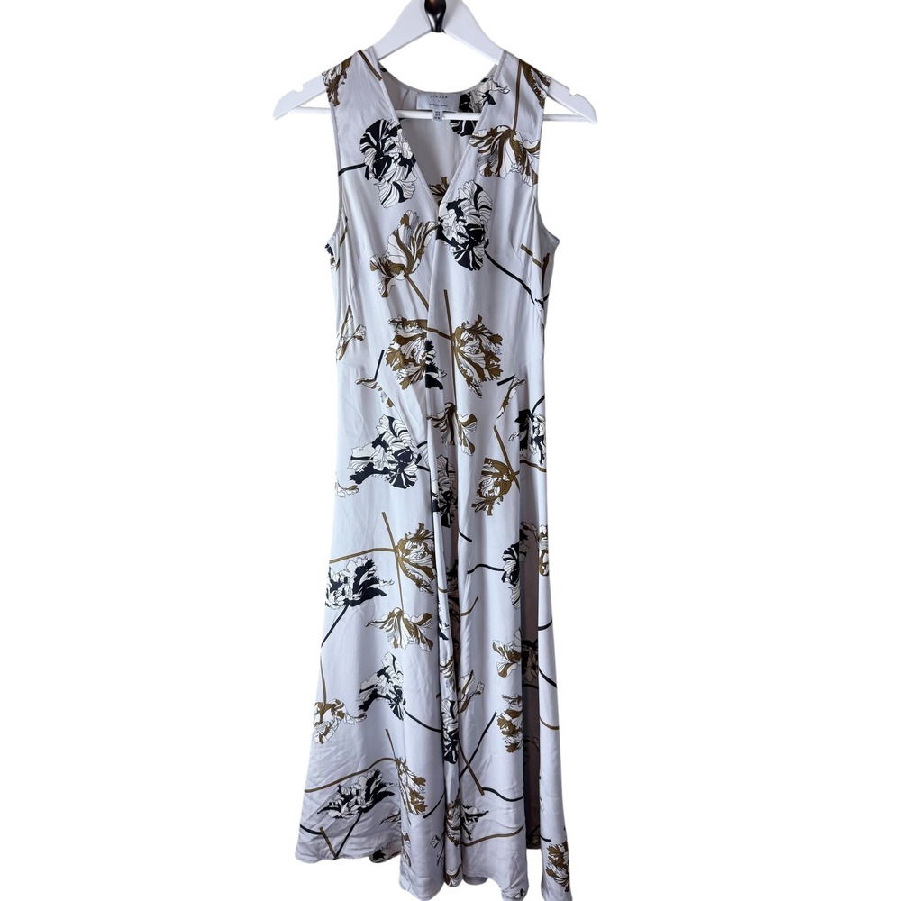 Jigsaw x Marcus James Floral V-Neck Sleeveless Midi Dress White Olive US 4